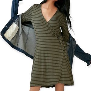 Express Striped V-Neck Green Wrap Dress Size S